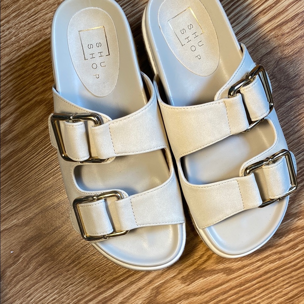 Shu Shop Cream Sandals with Gold Buckles